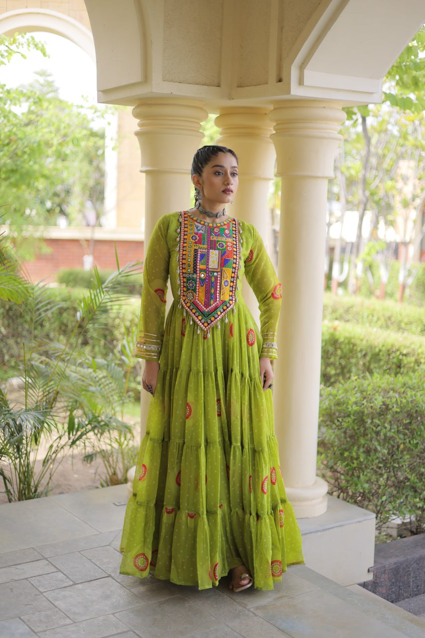 Green Bandhani Print Kutchi Work Navratri Gown