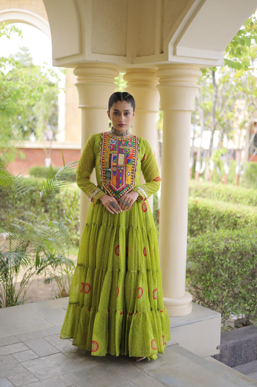 Green Bandhani Print Kutchi Work Navratri Gown