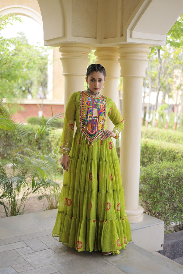 Green Bandhani Print Kutchi Work Navratri Gown