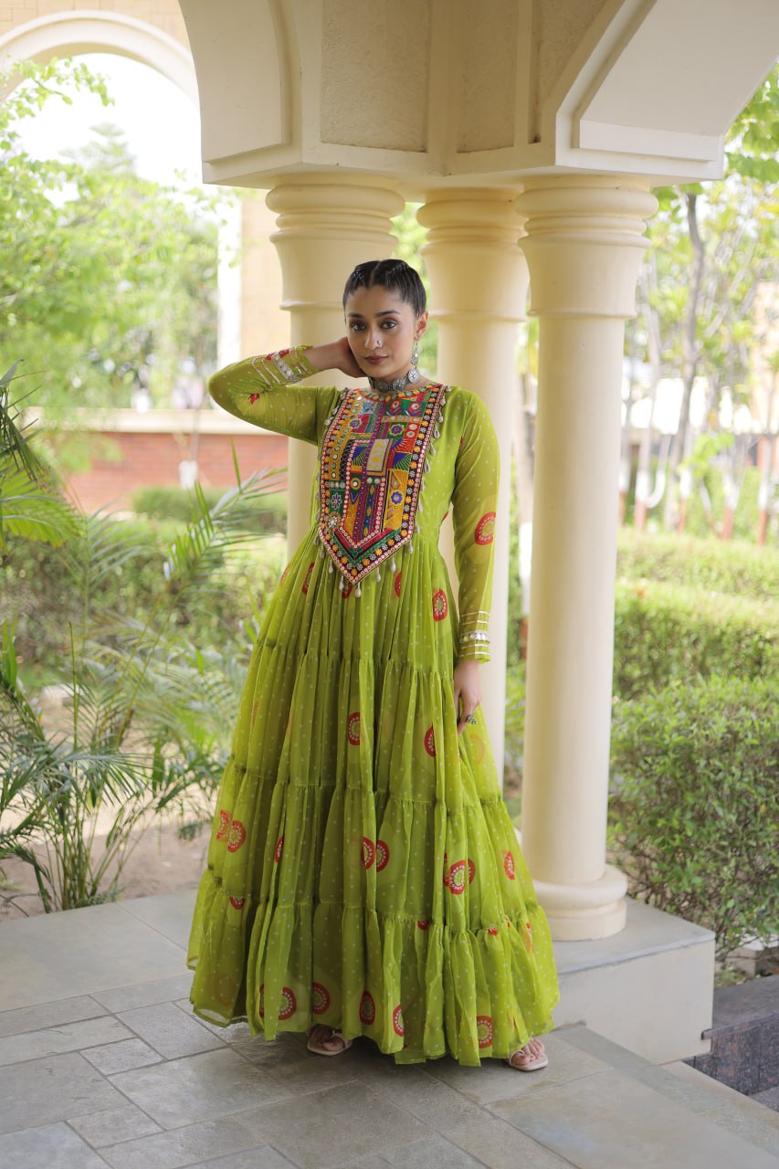 Green Bandhani Print Kutchi Work Navratri Gown