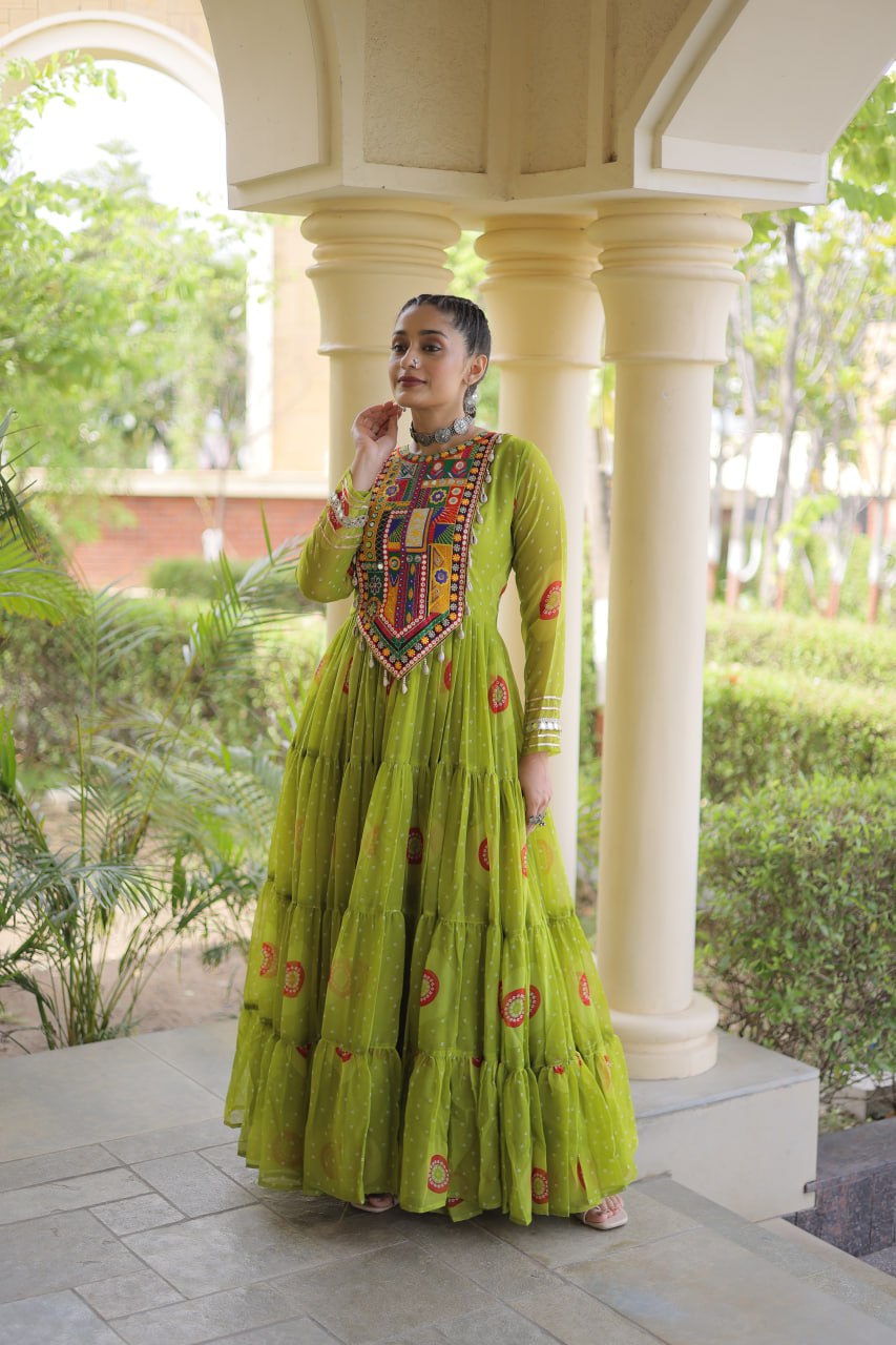 Green Bandhani Print Kutchi Work Navratri Gown