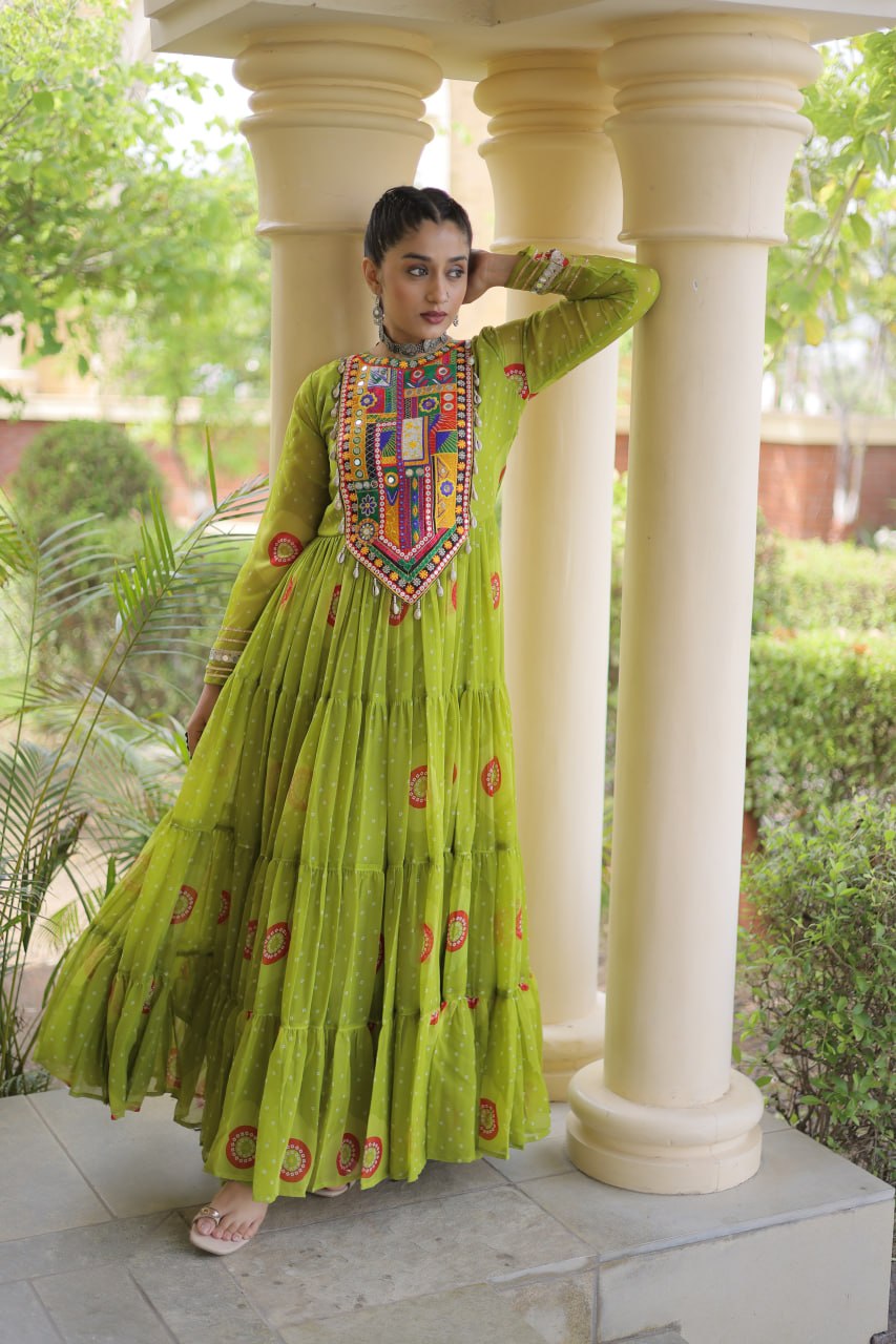 Green Bandhani Print Kutchi Work Navratri Gown