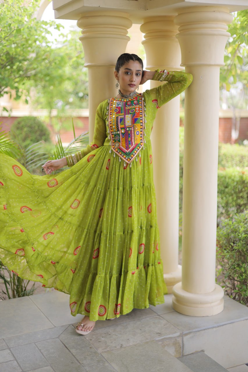 Green Bandhani Print Kutchi Work Navratri Gown