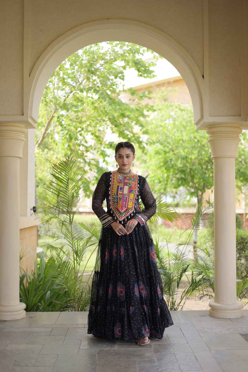 Black Bandhani Print Kutchi Work Navratri Gown