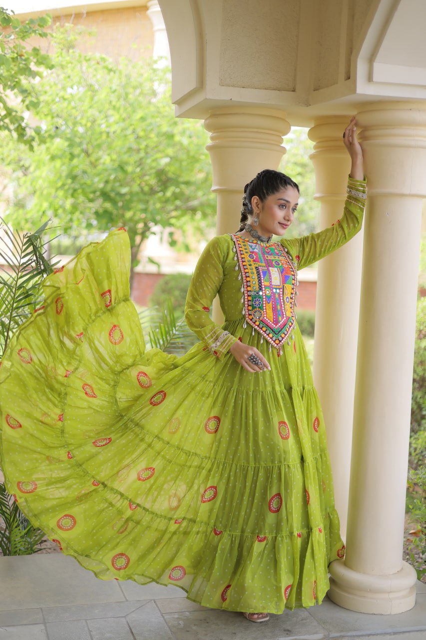 Green Bandhani Print Kutchi Work Navratri Gown