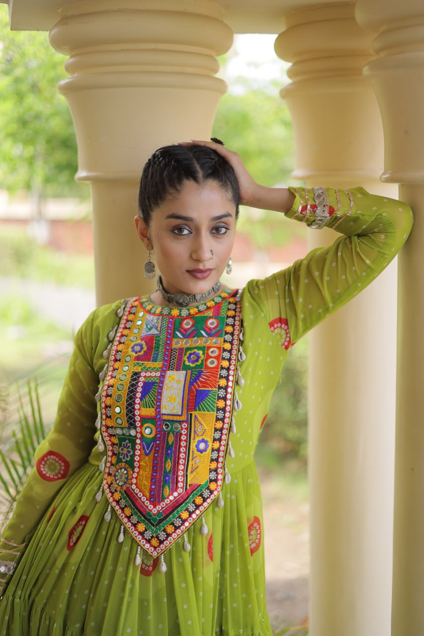 Green Bandhani Print Kutchi Work Navratri Gown