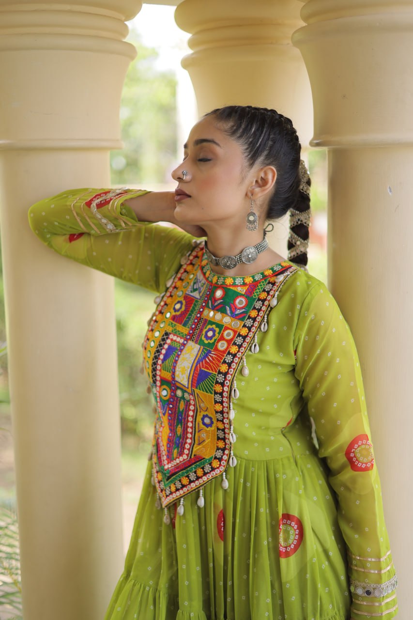 Green Bandhani Print Kutchi Work Navratri Gown