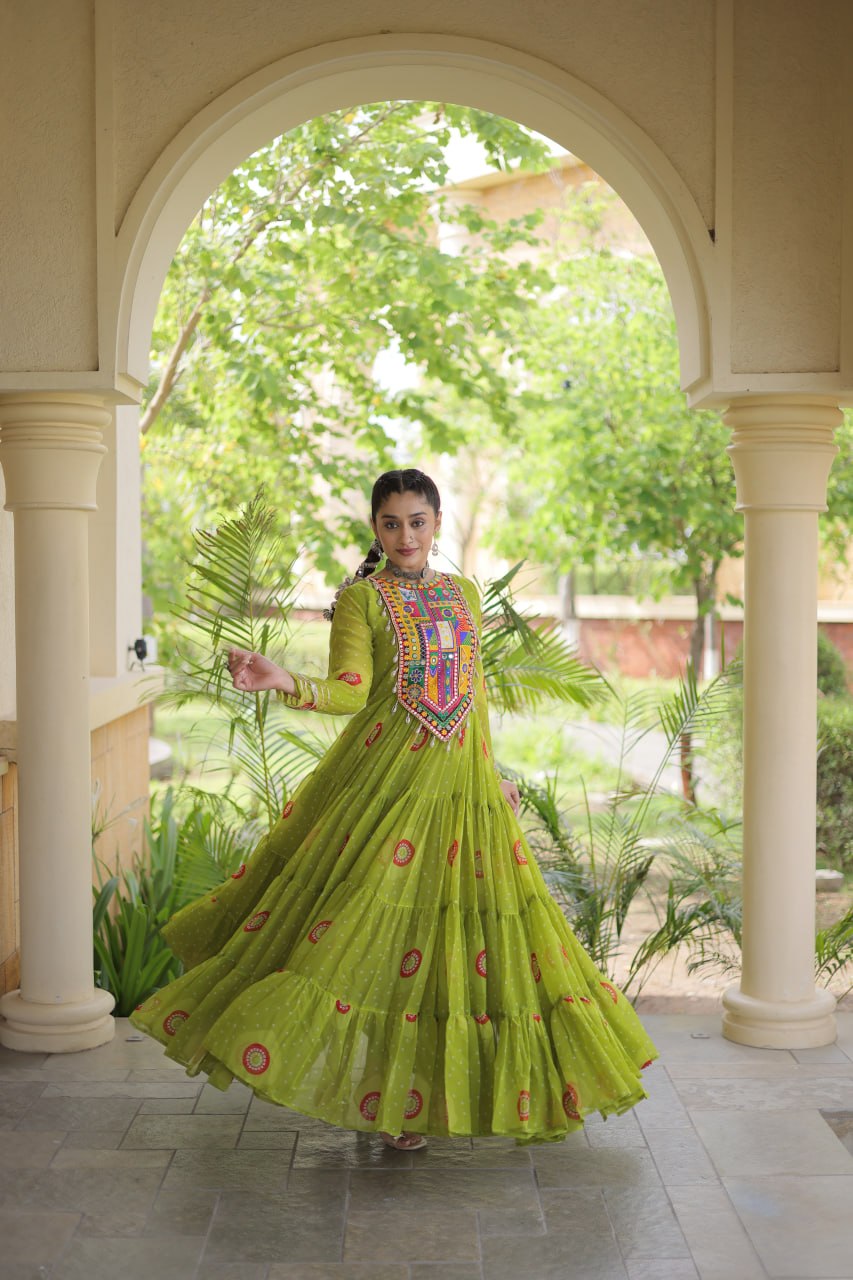 Green Bandhani Print Kutchi Work Navratri Gown