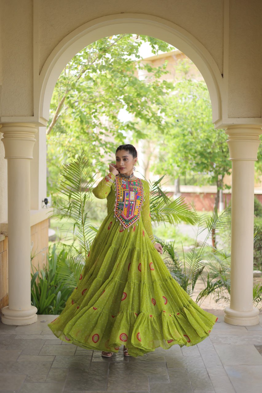 Green Bandhani Print Kutchi Work Navratri Gown