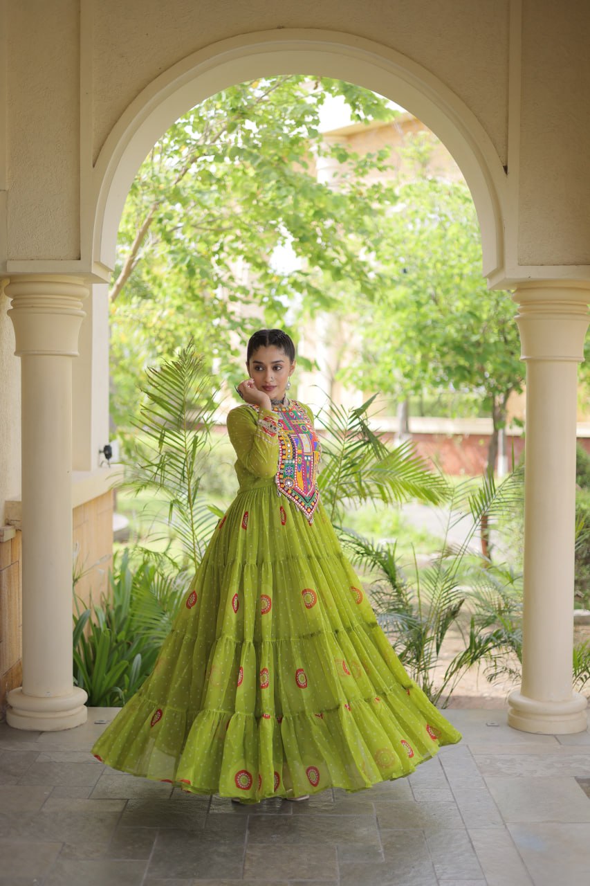 Green Bandhani Print Kutchi Work Navratri Gown