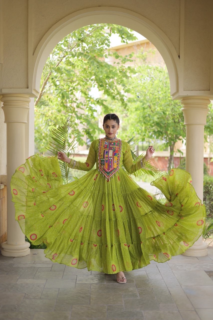 Green Bandhani Print Kutchi Work Navratri Gown