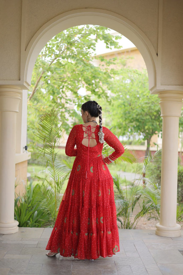 Red Bandhani Print Kutchi Work Navratri Gown