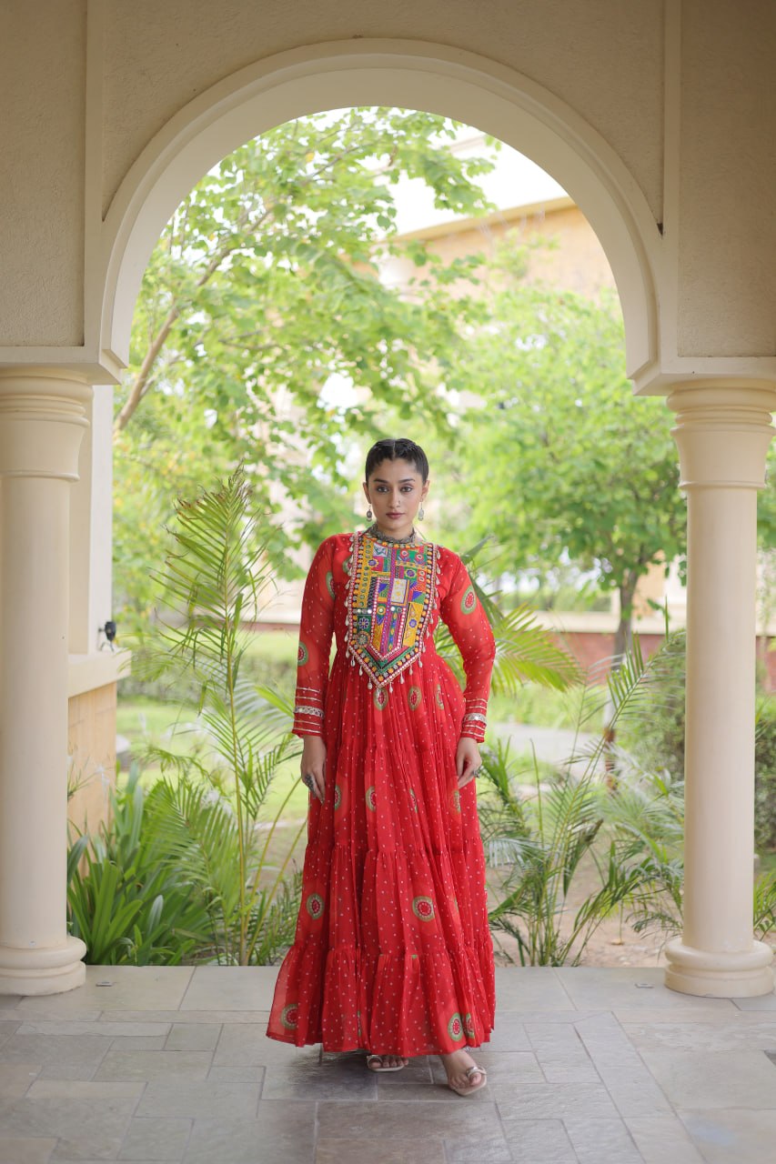 Red Bandhani Print Kutchi Work Navratri Gown