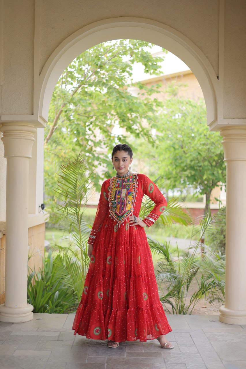 Red Bandhani Print Kutchi Work Navratri Gown