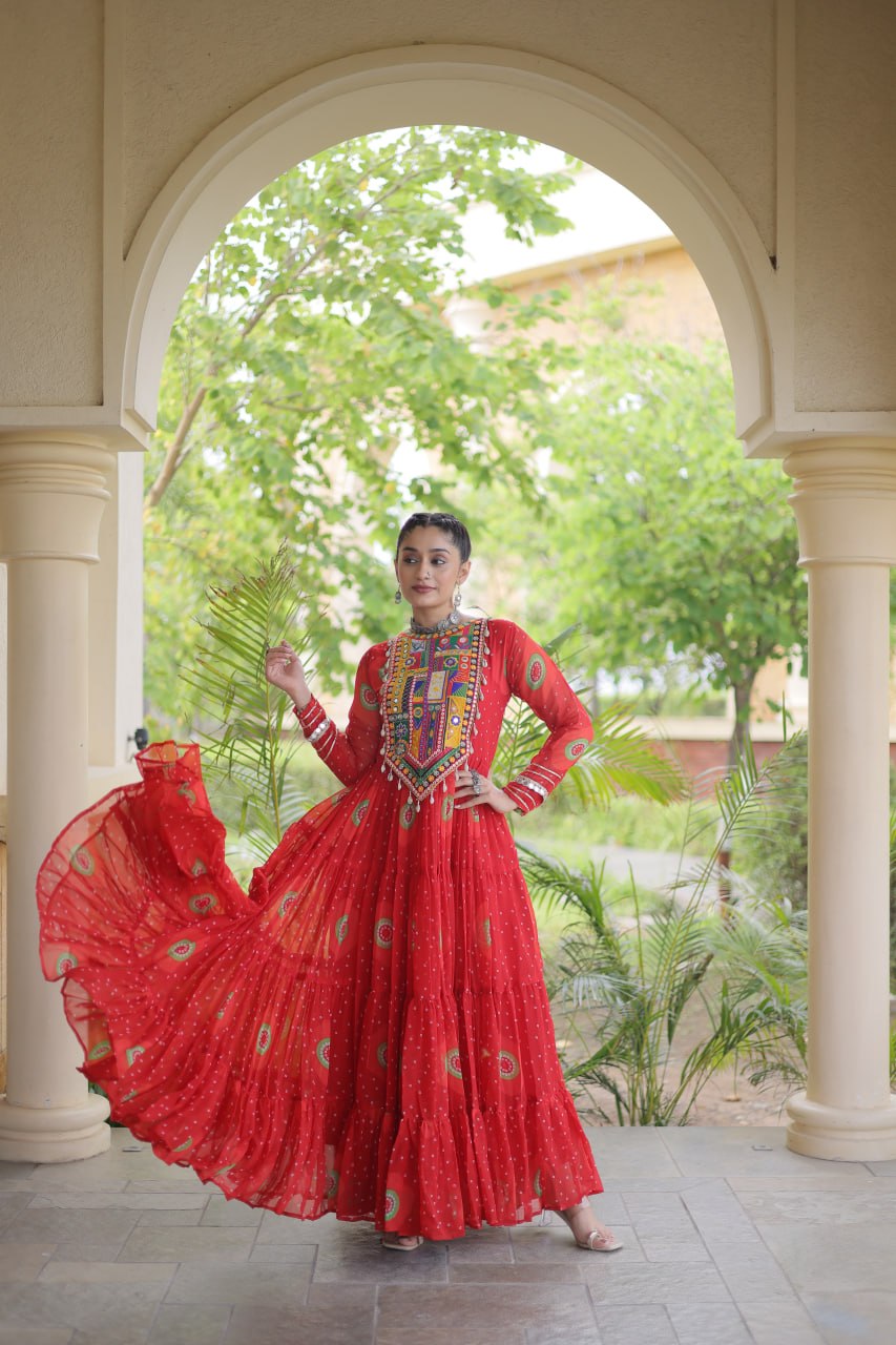 Red Bandhani Print Kutchi Work Navratri Gown
