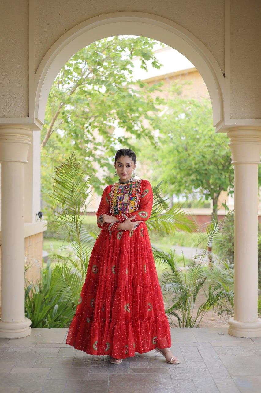 Red Bandhani Print Kutchi Work Navratri Gown