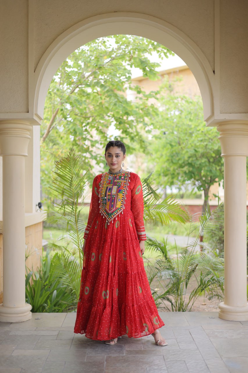 Red Bandhani Print Kutchi Work Navratri Gown