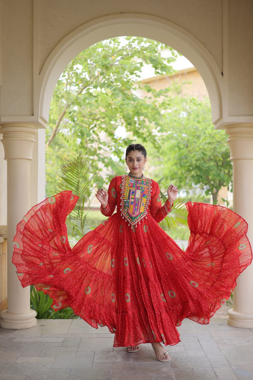 Red Bandhani Print Kutchi Work Navratri Gown