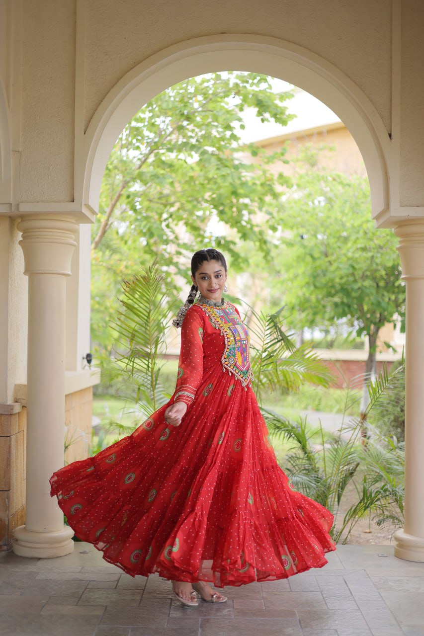 Red Bandhani Print Kutchi Work Navratri Gown