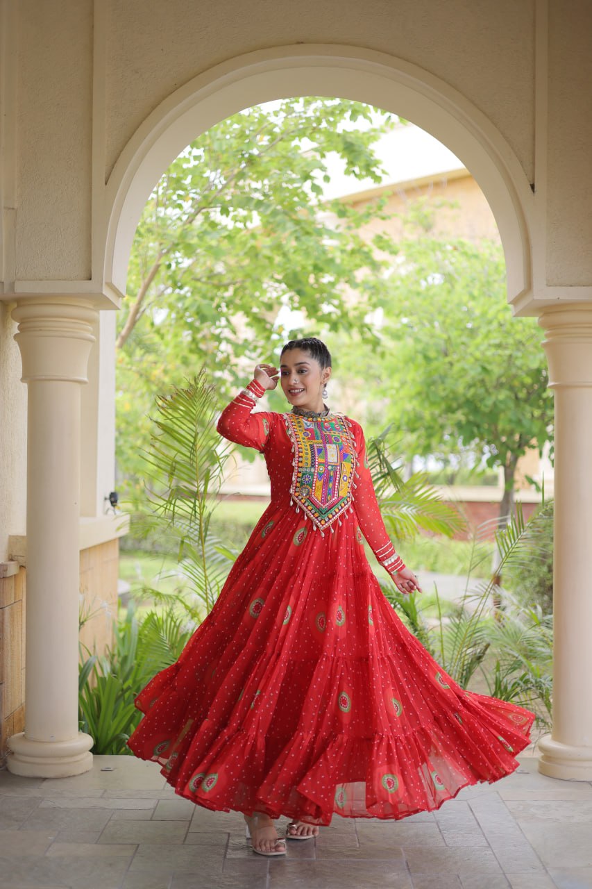 Red Bandhani Print Kutchi Work Navratri Gown