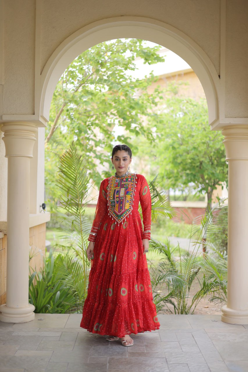 Red Bandhani Print Kutchi Work Navratri Gown