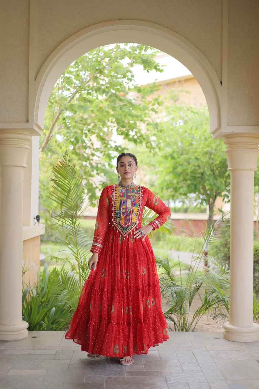 Red Bandhani Print Kutchi Work Navratri Gown