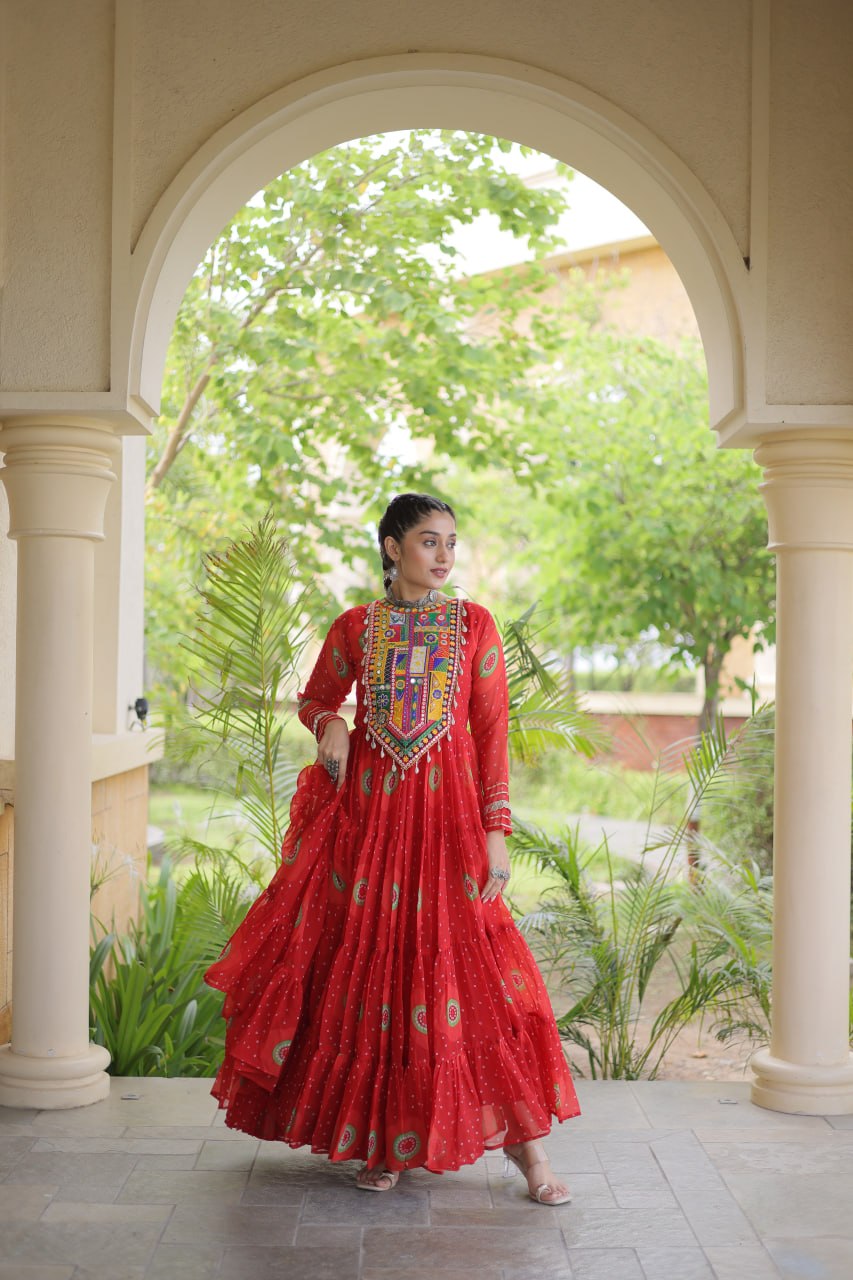 Red Bandhani Print Kutchi Work Navratri Gown