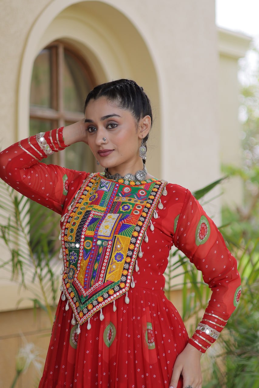 Red Bandhani Print Kutchi Work Navratri Gown