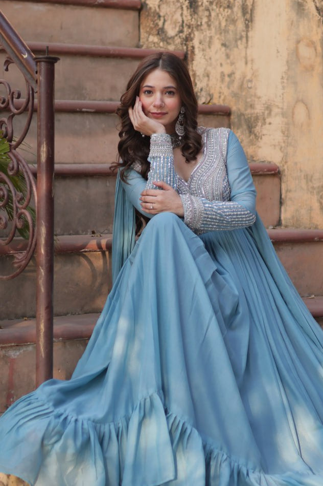 sleeves designs for dresses Full Sleeve Designer Gown For Reception – Skyparrow