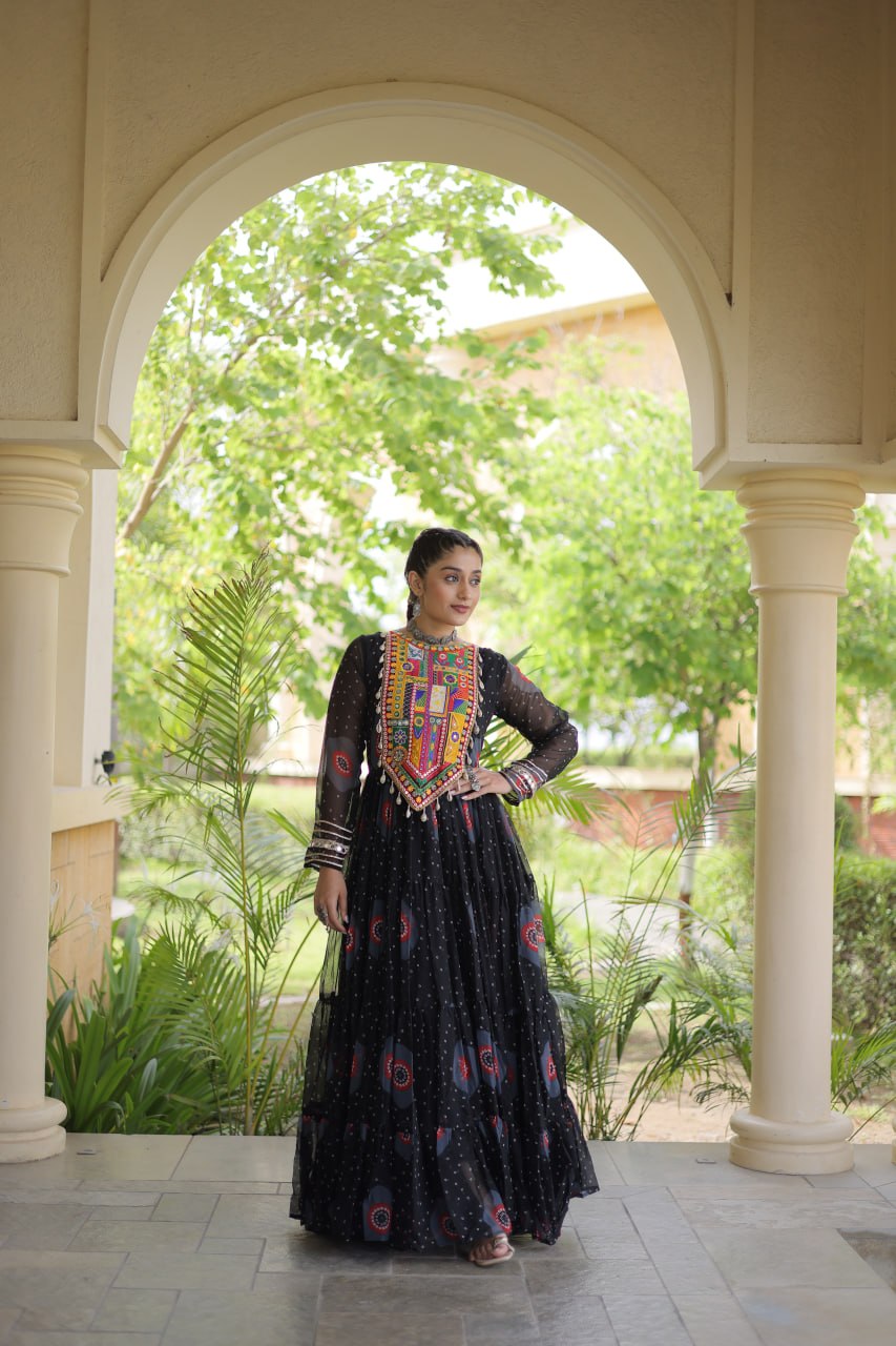 Black Bandhani Print Kutchi Work Navratri Gown