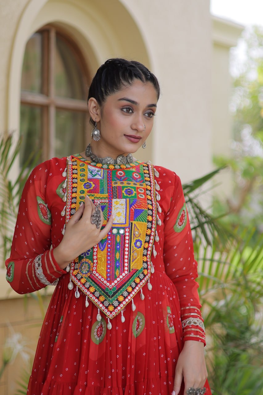 Red Bandhani Print Kutchi Work Navratri Gown