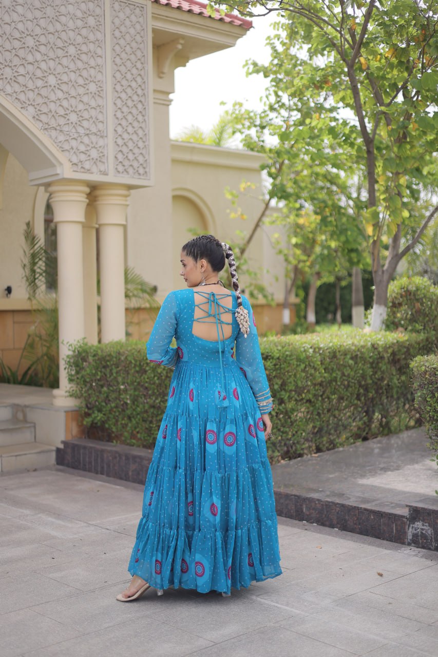 Blue Bandhani Print Kutchi Work Navratri Gown