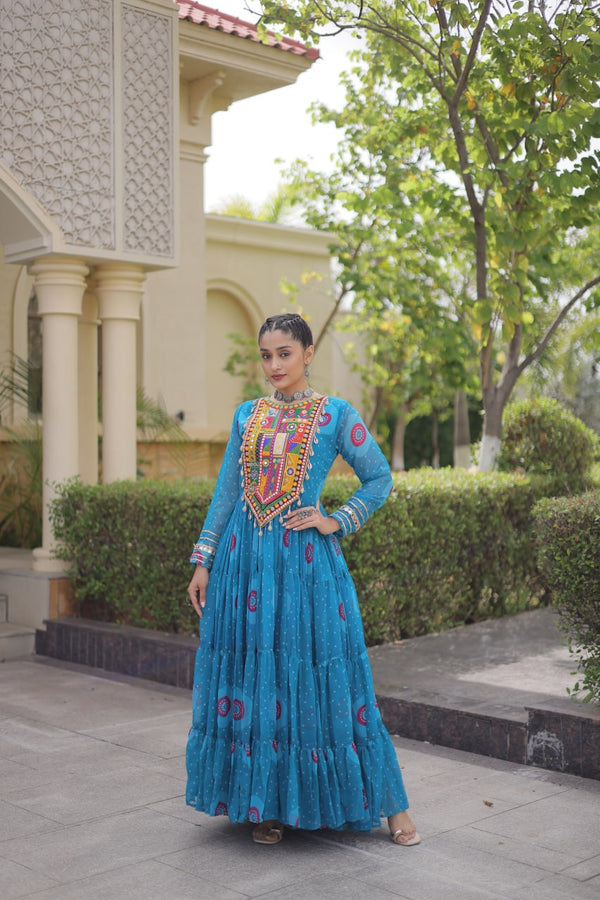 Blue Bandhani Print Kutchi Work Navratri Gown
