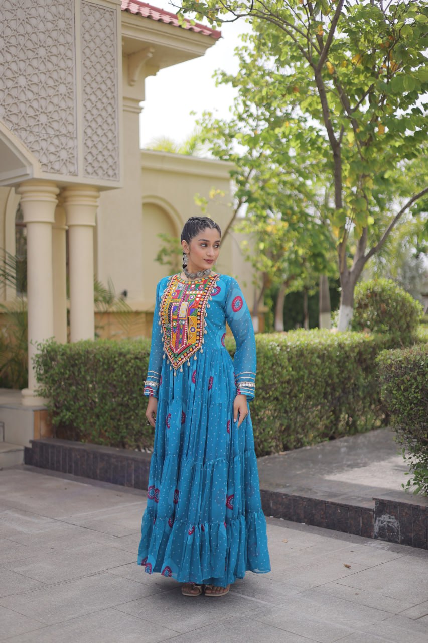Blue Bandhani Print Kutchi Work Navratri Gown