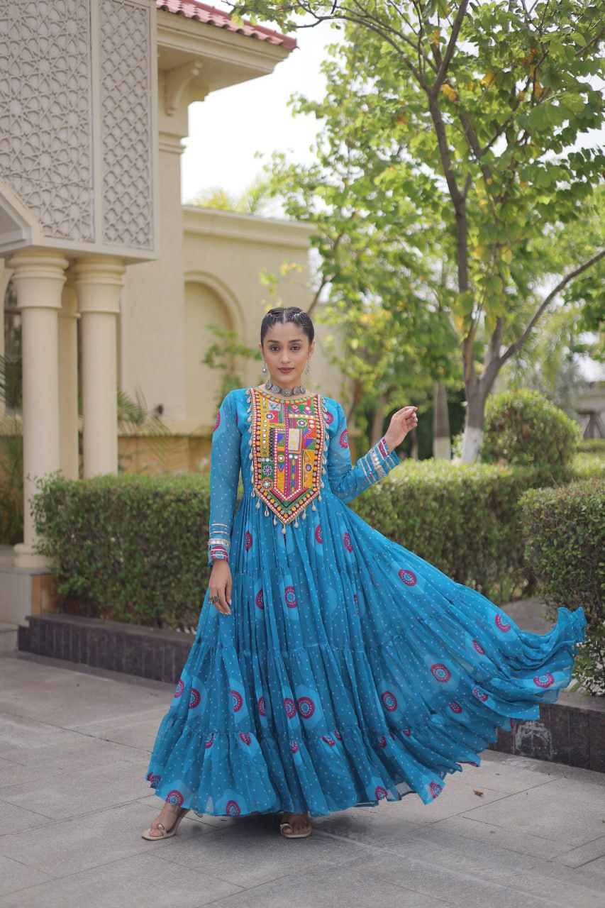 Blue Bandhani Print Kutchi Work Navratri Gown