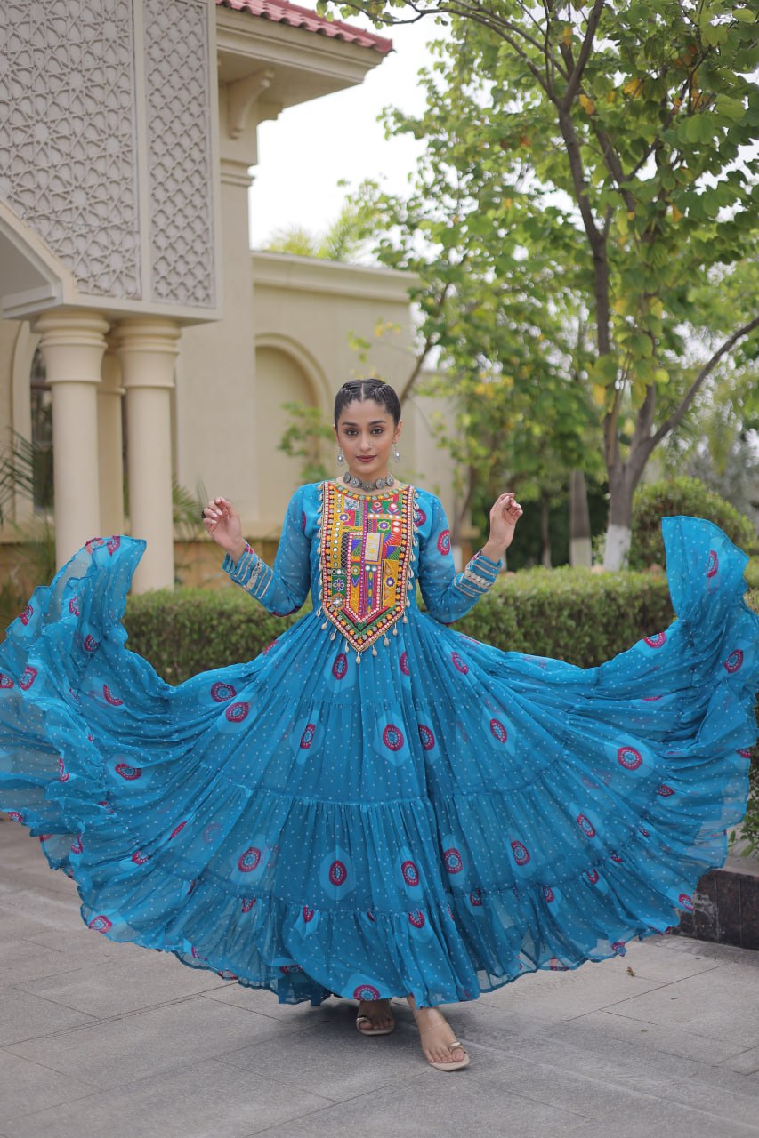 Blue Bandhani Print Kutchi Work Navratri Gown