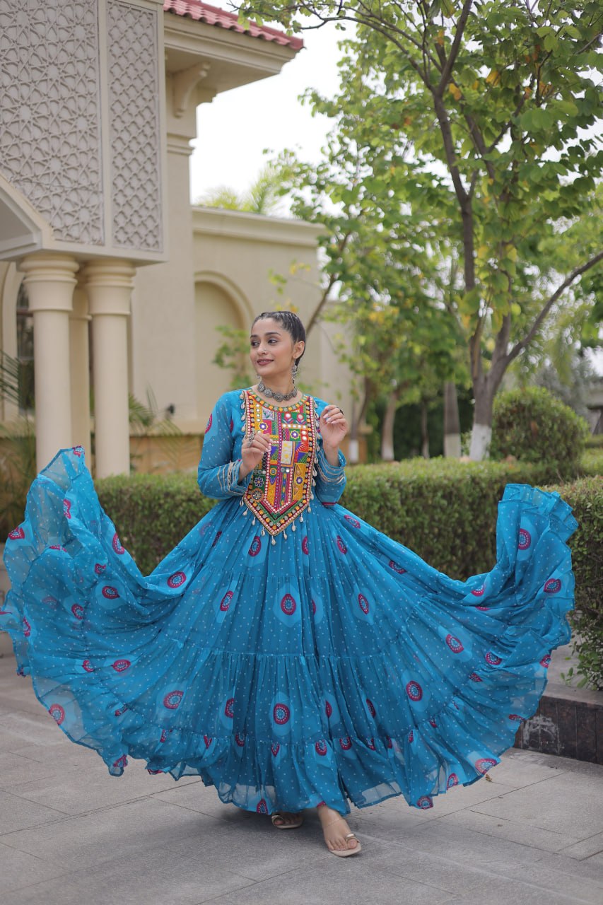 Blue Bandhani Print Kutchi Work Navratri Gown