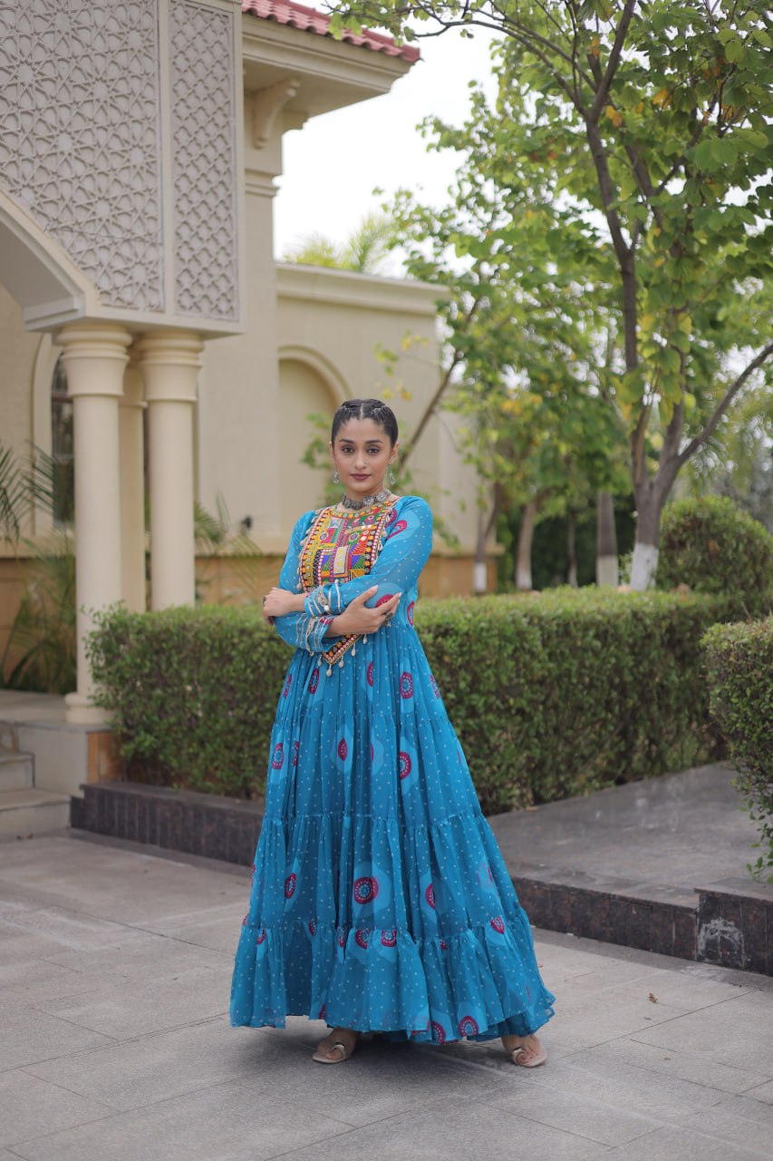 Blue Bandhani Print Kutchi Work Navratri Gown