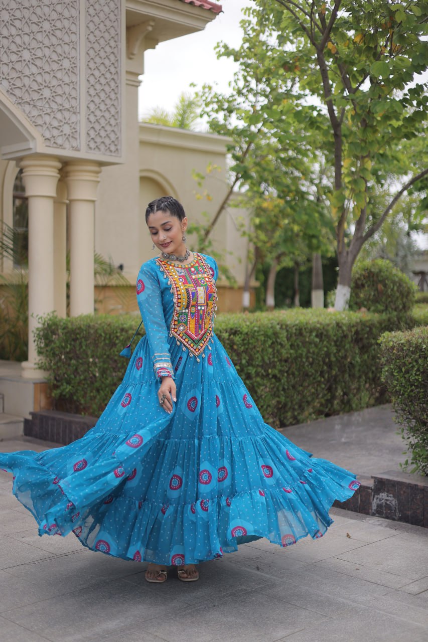 Blue Bandhani Print Kutchi Work Navratri Gown
