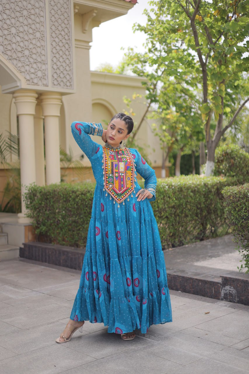 Blue Bandhani Print Kutchi Work Navratri Gown