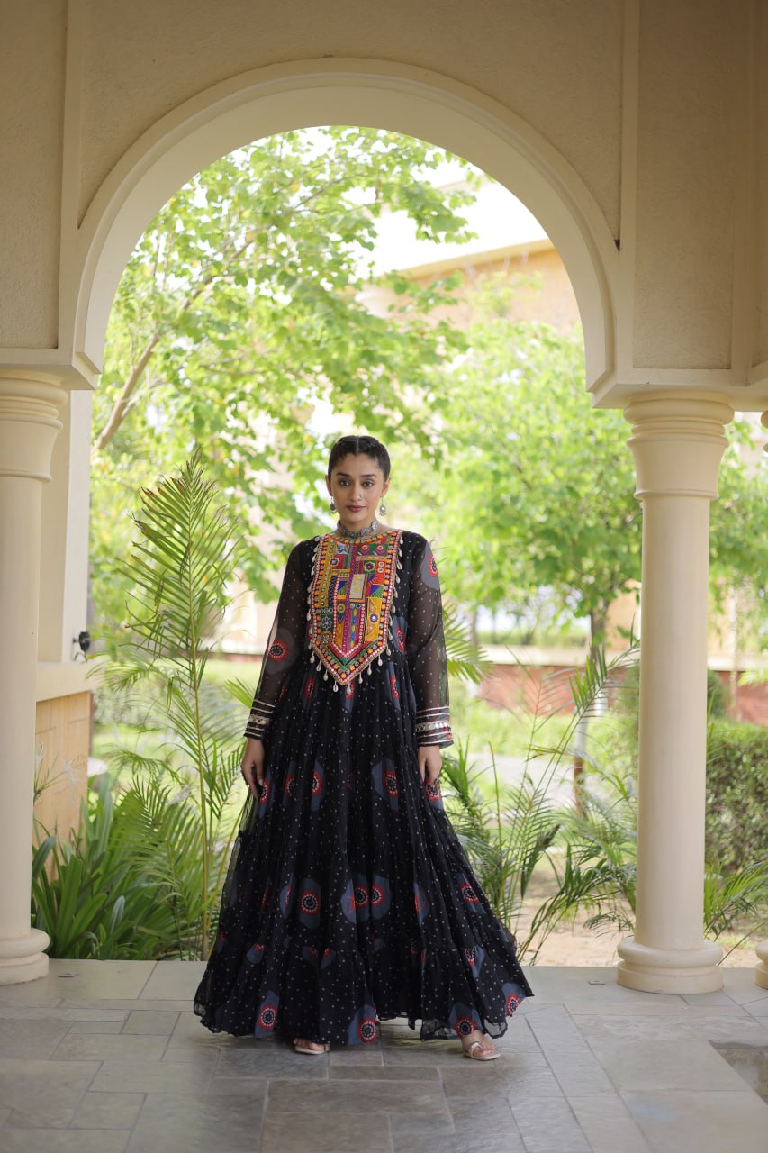 Black Bandhani Print Kutchi Work Navratri Gown