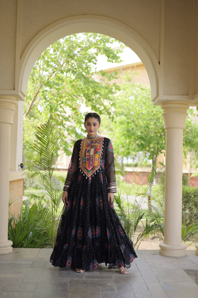 Black Bandhani Print Kutchi Work Navratri Gown