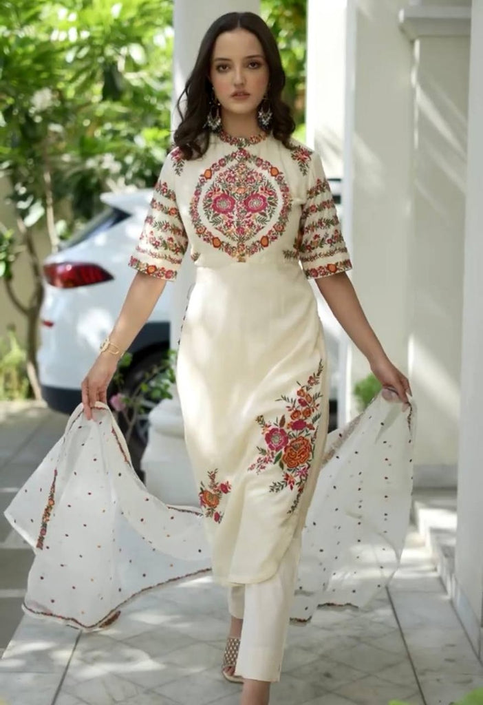 Offwhite Embroidered Party Wear Kurti Set