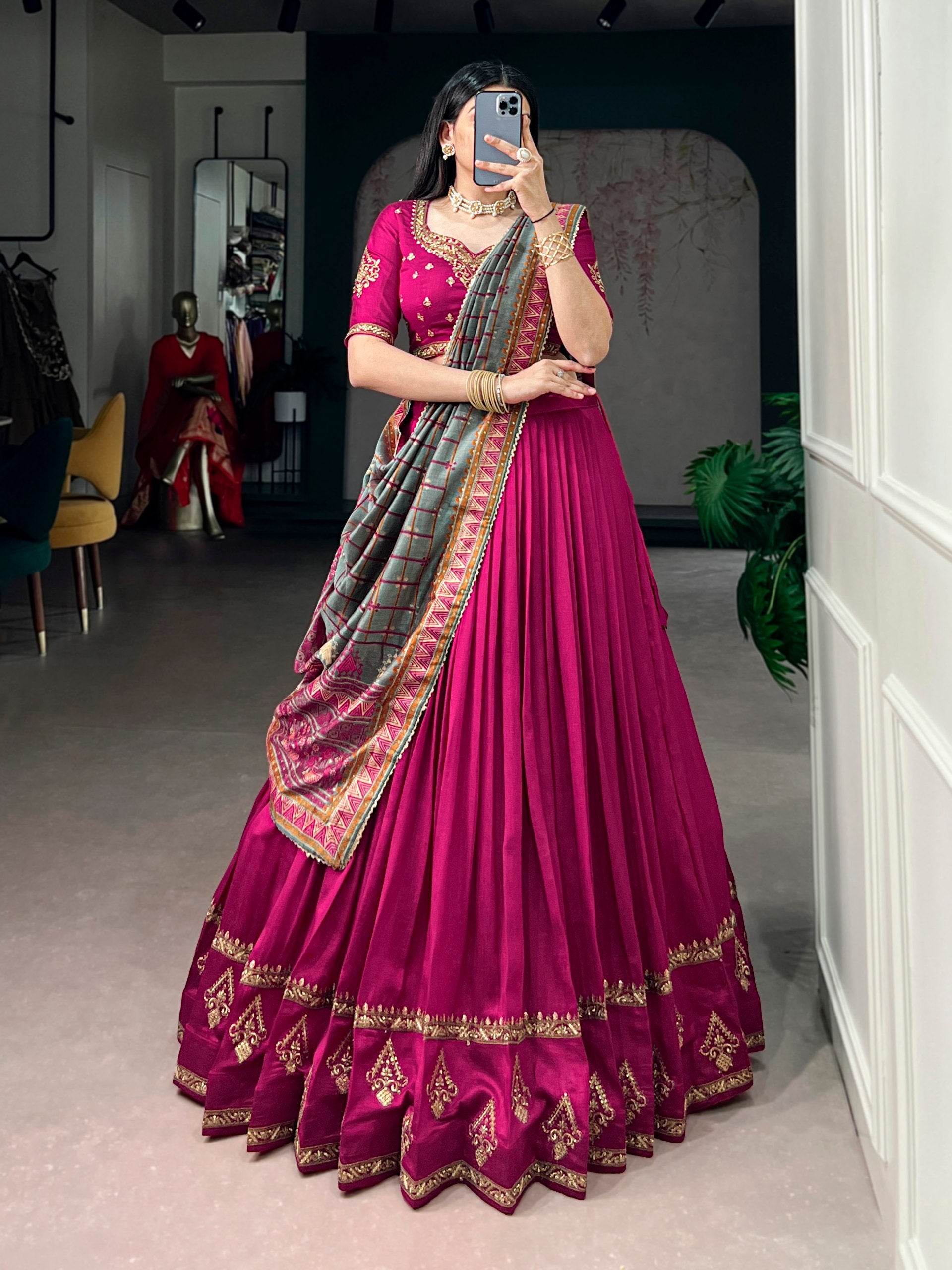 Pink Embroidered Vichitra Silk Lehenga Choli Set with Foil Printed Dupatta