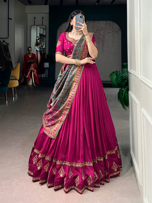 Pink Embroidered Vichitra Silk Lehenga Choli Set with Foil Printed Dupatta