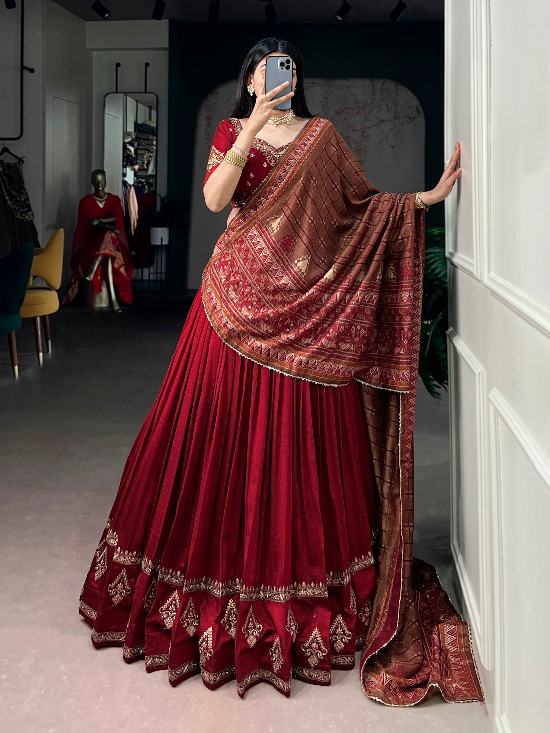 Red Embroidered Vichitra Silk Lehenga Choli Set with Foil Printed Dupatta
