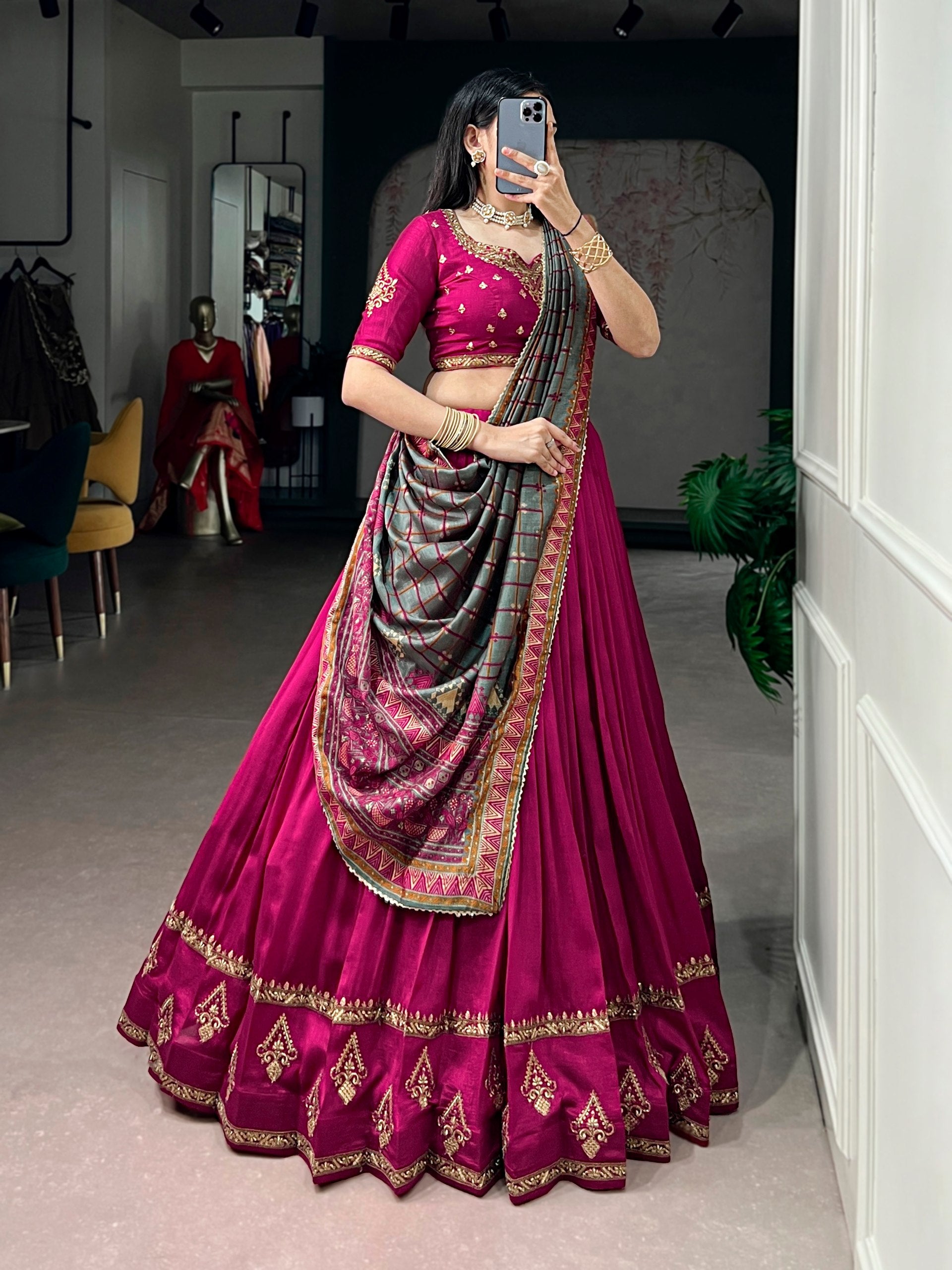 Pink Embroidered Vichitra Silk Lehenga Choli Set with Foil Printed Dupatta
