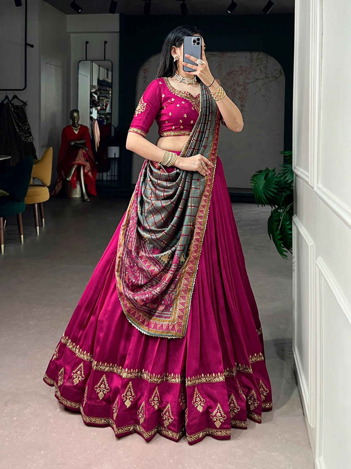 Pink Embroidered Vichitra Silk Lehenga Choli Set with Foil Printed Dupatta