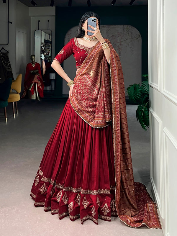 Red Embroidered Vichitra Silk Lehenga Choli Set with Foil Printed Dupatta