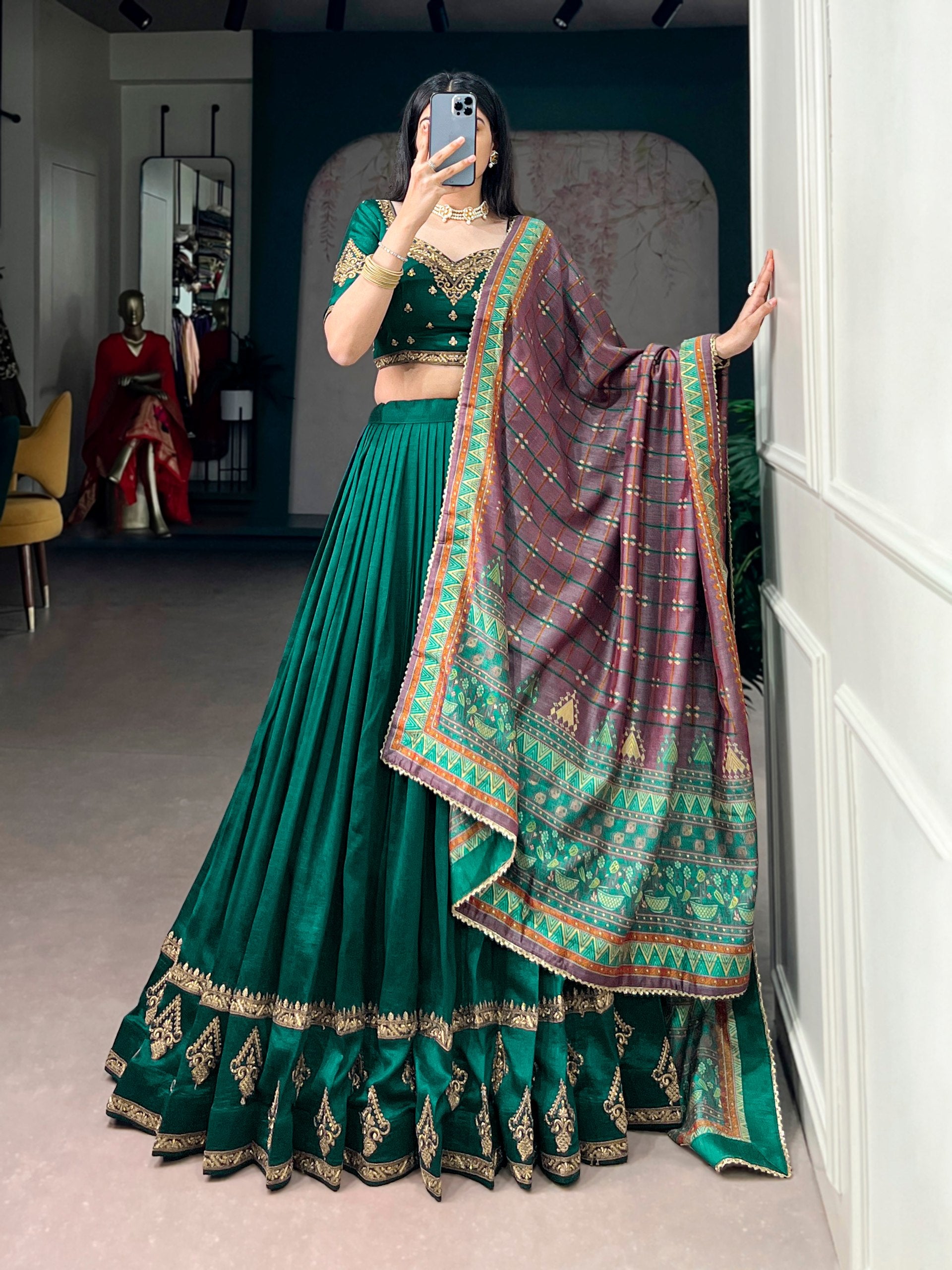 Battle Green Embroidered Vichitra Silk Lehenga Choli Set with Foil Printed Dupatta